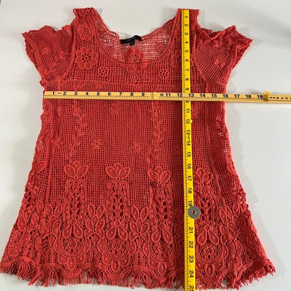 Verty‎ Crochet Knit Top Orange Floral Open Cold Shoulder Short Sleeve L - Picture 5 of 5